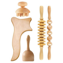 5-delige houten massageset: handmatige houten massageroller, gua sha-plankje op zakformaat voor lymfedrainage