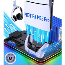 PS5-standaard voor PS5 Slim (nieuw), PS5 met ventilator op 3 niveaus, PS5-koeler, RGB-verlichting, opbergruimte voor 15 games - Zwart