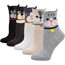 Damessokken met dierenprint, met afbeeldingen van katten- en hondenvoer, schattige en grappige zachte sokken voor meisjes, 5 paar (EU 35-42)