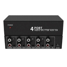 1x4 RCA L/R AUX Stereo Audio Splitter Czarny Metalowy Zasilacz AC 100-240 V 12 V DC Kompatybilny z PC DVD Dekodery Głośniki