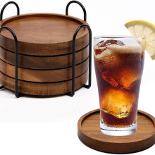 Wooden Coasters Set of 4 with Metal Stand, Acacia Wood, Round 10.6 cm for Table Protection
