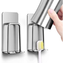 2-Pack Stainless Steel Toothbrush Holder Wall-Mounted with Toothpaste Slot, Adhesive Mounting for Bathroom Sink Space Saving