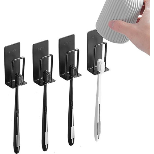 Wall Mounted Toothbrush Holder 4 Pack Black Stainless Steel No Drilling Space Saving Bathroom Kitchen