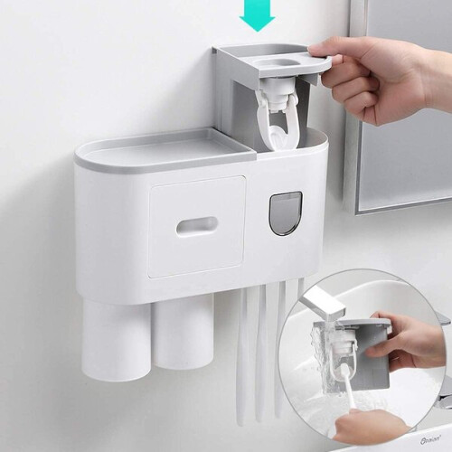 Wall-Mounted Toothbrush Holder with Automatic Toothpaste Dispenser, No Drill Adhesive Mounting, ABS PP PS Plastic, Holds 4 Brushes