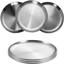 Piatti in acciaio inox, 6 pezzi, diametro 20 cm, impilabili, lavabili in lavastoviglie e adatti al microonde.