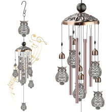 Eulen-Windspiel mit 4 Aluminiumröhren, 6 Glöckchen und 7 Eulen für die Dekoration von Garten oder Innenräumen