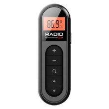 Mini radio FM tascabile nera, ricaricabile e portatile, 76-108 MHz, design ultraleggero e compatto.
