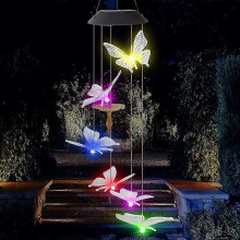 Solar Wind Chime Light with Colour Changing LED, Hummingbird & Bell Garden Ornament