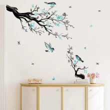 Wall Stickers Birds on Branches with Blue Flowers for Living Room Bedroom Sofa Background