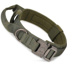 Collare tattico per cani con maniglia, regolabile, imbottito in nylon, design militare per cani di taglia grande, verde militare.
