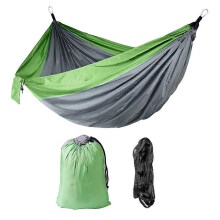 Amaca doppia portatile da campeggio con cinghie per alberi, in nylon resistente, grigio e verde chiaro, supporta fino a 200 kg.