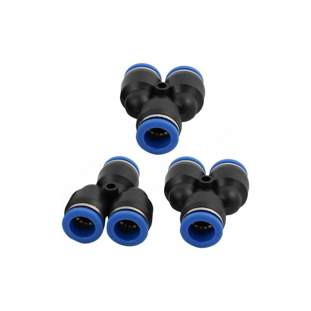 Quick Connect Connector Compatible With Polyethylene Nylon Pu Pipes, 12Mm Y-Type 3-Way Pneumatic Tube Fitting, 3Pcs Plastic Metal Black/Blue 6966168058960