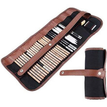 Professionele teken- en schetsset met grafietpotloden, houtskool, uitgumpotloden, snijmes en canvas etui.