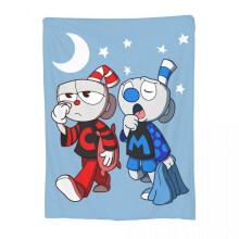 Manta de veludo com estampa do Cuphead, feita em mistura de poliéster e algodão.