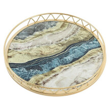 Plateau de service rond en bois effet marbre – 25 cm