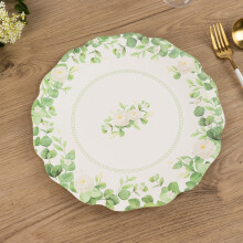 BalsaCircle witte en groene papieren bordjes met bloemenprint en geschulpte rand.
