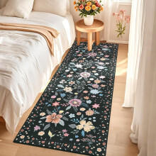 Floral area rug black 2x6 ft ultra-thin low pile