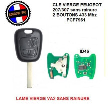 Blank Key Blade VA2 + Electronic Transponder ID46 PCF7961 433 MHz For Peugeot 207 307 WITHOUT GROOVE - 2 Button Key