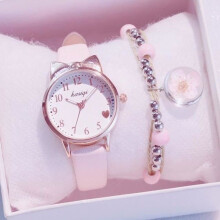 Gift Set for Girls' Watches - Cute Cat Flower Bracelet Watch - Leather Quartz Watch - White and Pink Gift for Children