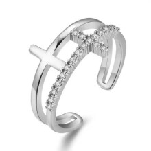 Religious Ring in Silver with Double Bands and Christian Crosses, Catholic Ring with Zircon Stones, Christian Jewelry, Gift