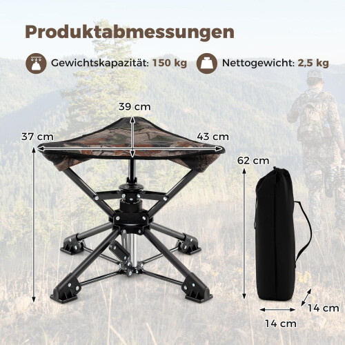Fällbar campingpall, 360 vridbar, sänkbara fötter