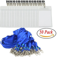 50pcs Waterproof Transparent Vertical ID Card Tag Badge with Sturdy Blue Lanyards, for Exhibitions