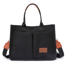 Canvas tote bag with handle – Large capacity messenger bag, multi-pocket shoulder bag – Black