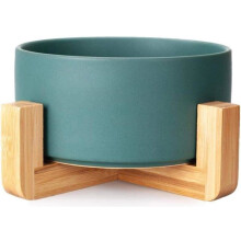Round ceramic dog and cat bowl, durable and non-slip ceramic bowls with wooden frame (green)