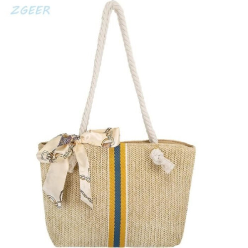 Woven Beach Bag, Retro Versatile with Silk Scarf Shoulder Bag