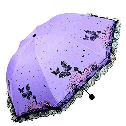 Women's Black Lace Folding Umbrella - Vinyl Coating - Windproof - Purple