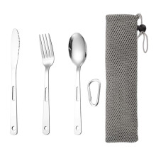 Campingbesteck-Set, 3-teilig, Edelstahl, Messer, Gabel, Löffel, mit Tasche und Karabinerhaken