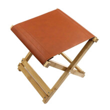 Tabouret pliant de camping avec assise en cuir marron pour la randonnée en plein air, compact et portable