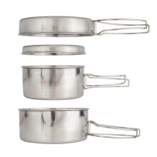 Set di pentole impilabili in acciaio inox per campeggio con manici pieghevoli, pentole da 900 ml e 600 ml, padella e piatto.