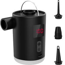 Pompa ad aria ricaricabile senza fili per materassi e galleggianti da piscina, con indicatore digitale di batteria e luce LED.