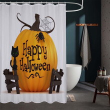 Halloween Shower Curtain – Black Cat & Pumpkin Design,