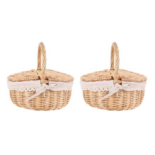 2 cestas de mimbre hechas a mano con asa, cestas de picnic y camping con doble tapa, cestas de almacenamiento.