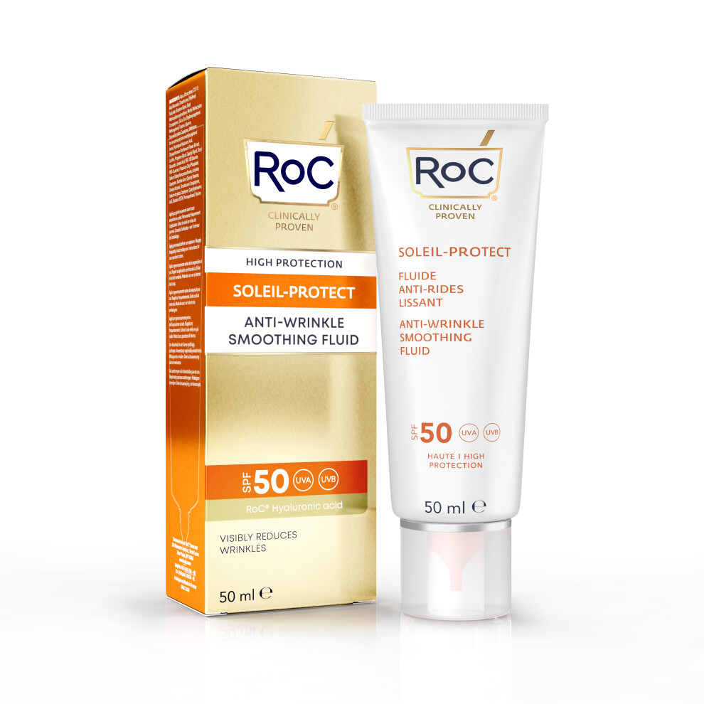 ROC Soleil-Protect Anti-Wrinkle Smoothing Fluid, SPF 50 Sunscreen | Wrinkle Protection Sunscreen, Face Sun Protection Fluid - 50ml
