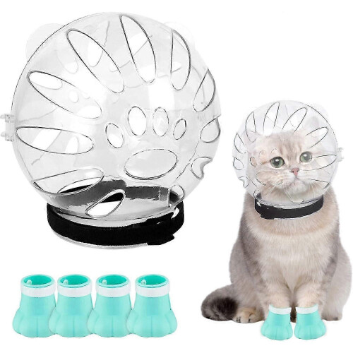(Small) Adjustable Breathable Cat Helmet, Anti-Bite Muzzle, and 4 Silicone Paw Covers for Kittens