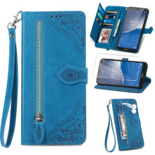 Tempered glass screen protector + case for Xiaomi Redmi 13C/POCO C65, Retro PU leather flip wallet case - Blue floral vine