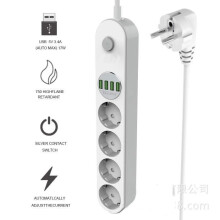 Surge Protector Power Strip with 4 Outlets and 4 USB Ports - White - Type E - 10A - 2m