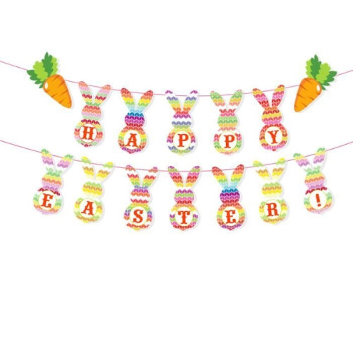 Easter party, cartoon bunny pulling flags, holiday-themed decorative banner pulling flowers