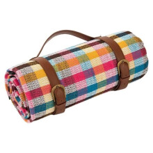 Beach Mat – For Outdoor Camping – Moisture Resistant – With Leather Storage Straps, 150 x 200 cm, Colorful Plaid