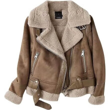 Women's Biker Jacket Faux Fur Fleece Jacket Suede Lapel Coat Thick Long Sleeve Jacket Coffee