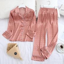 Pink Dot Long Sleeve Pyjama Set and Pants Jumpsuit Ice Silk Printed Fabric
