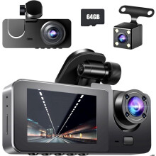 Car Camera, 1080P Dashcam Front and Rear, 170 Angle 3 Channels with 64GB SD Card, Night Vision, G-Sensor
