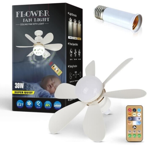 Ceiling fan with light, E27 Dimmable Head Base Ceiling Fan Light with remote control, 3 Speeds (30W). [Z243]