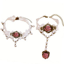 Delicate Baroque Inspired Pearls Lace Jewelry Set Necklace-A