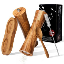 Set di 2 macina sale e pepe in legno, con macinino in ceramica regolabile, cucchiaio e 2 spazzole; macina spezie in legno con vassoio