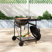 Charcoal BBQ Grill, Black Carbon Steel Outdoor Barbecue with Thermometer & Wheels