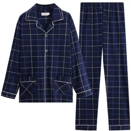 Pigiama da uomo in cotone con colletto risvoltato, maniche lunghe, comodo - AIEVIS - 2 pezzi - Blu